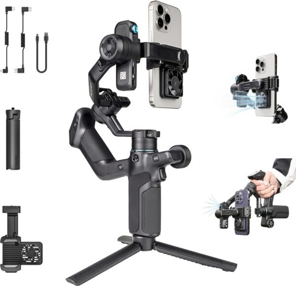 FeiyuTech SCORP Mini 3 Stabilisateur de cardan pour iPhone et Android, module de suivi IA intégré et ventilateur de refroidissement, charge utile de 2 kg, cardan de téléphone à 3 axes avec prise en