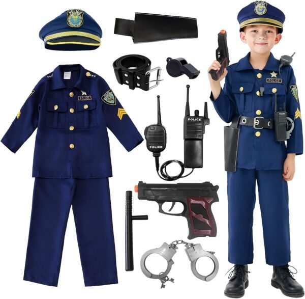 Udekit Costume de Policier de Luxe avec Talkie-walkie, Sifflet, Bâton et Autres Accessoires de Police pour Tenues de Cosplay de Flic