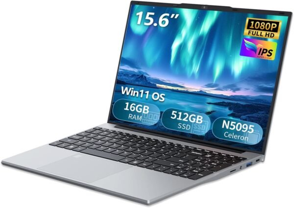 PC Portable Win11, 15,6 Pouces Ordinateur Portable 16Go LPDDR4 RAM 512Go SSD, Celeron N5095 CPU, Clavier Rétro-éclairé/Déverrouillage Empreinte, 180°Flip 1080P Écran Laptop, Webcam+BT4.2+USB3.0+WiFi5