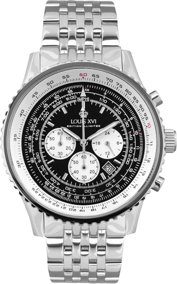 LOUIS XVI Artagnan 3420 Montre pour homme avec chronographe, étanche, verre saphir, bracelet argenté, cadran noir Ø 47,5 mm, argenté