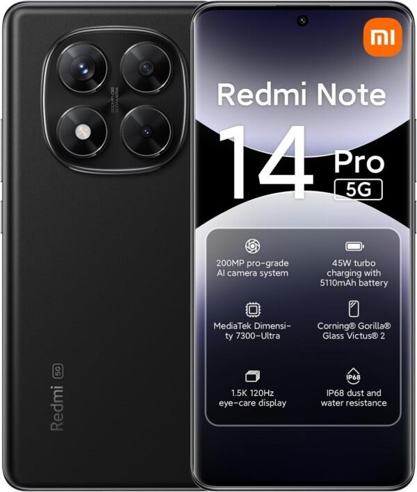 XIAOMI Redmi Note 14 Pro, Smartphone 5G, 6,67 Pouces, 8 Go RAM, 256 Go, Double SIM, Noir