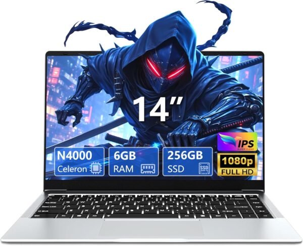 AUKABREX Ordinateur Portable Win 11 Pro OS, 14,1 Pouces PC Portable Celeron N4000 CPU, PC Portable 6Go RAM 256Go SSD, Laptop 180°Flip 1080P IPS Écran, WiFi/USB 3.0/BT4.2/Mini-HDMI/TF Card Slot/Webcam
