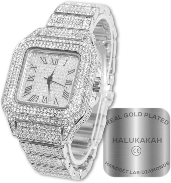 HALUKAKAH Diamants Montre en Or,Homme Plaqué Or 18K/Or Rose/Rhodium Noir/Plaqué Platine Or Blanc 40MM Largeur Cadran Carré Quartz avec Chaîne Cubains Bracelet Collier,avec Boîte Cadeau