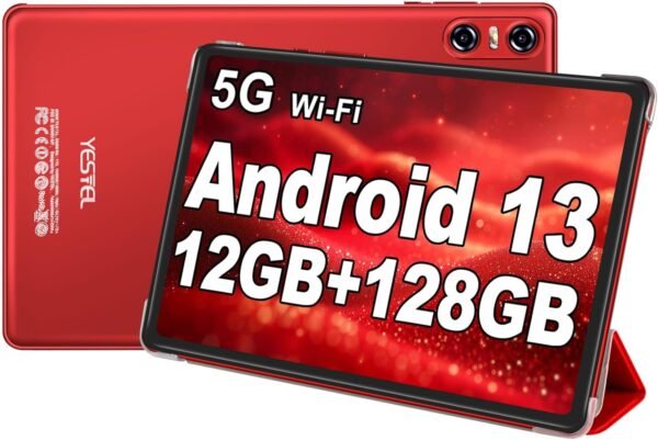 YESTEL Tablette 10 Pouces avec 12 Go RAM + 128 Go ROM (TF 1TB), Android Tablette Tactile avec GPS, 5G Wi-FI, 8 cœurs 2.0 Ghz, 6000mAh, Bluetooth 5.0, 5MP + 8MP, Étui de Protection, Rouge pastèque