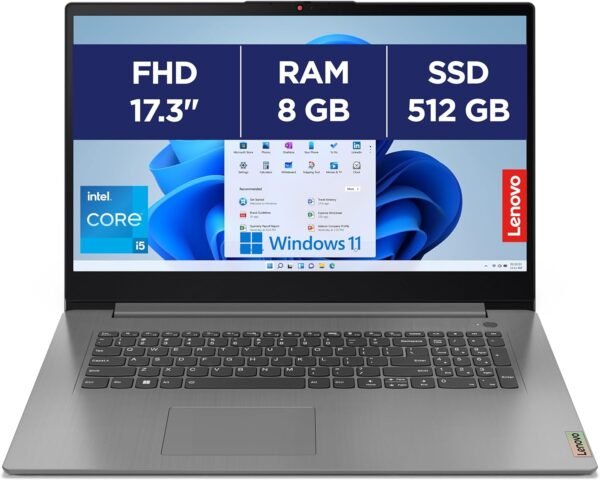 Lenovo IdeaPad 3 17IRU7 - Ordinateur Portable 17.3'' FHD (Intel Core i5-1335U, RAM 8Go, SSD 512Go, Intel Iris XE Graphics, Windows 11 Home) Clavier AZERTY Français - Gris