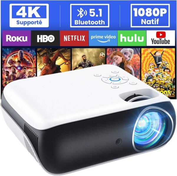 HOPVISION Projecteur 4K Supporté, Mini Projecteur Bluetooth 5.1 Home Cinéma 9500 lux Vidéoprojecteur, Natif Full HD 1080P Retroprojecteur 180'' pour Extérieur/Maison Fire Stick/Smartphone/PS5/HDMI