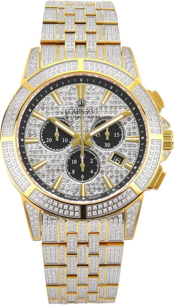 LOUIS XVI Majesté Montre chronographe pour homme avec mouvement à quartz suisse et bracelet en acier inoxydable Doré/argenté avec diamants CZ 43 mm