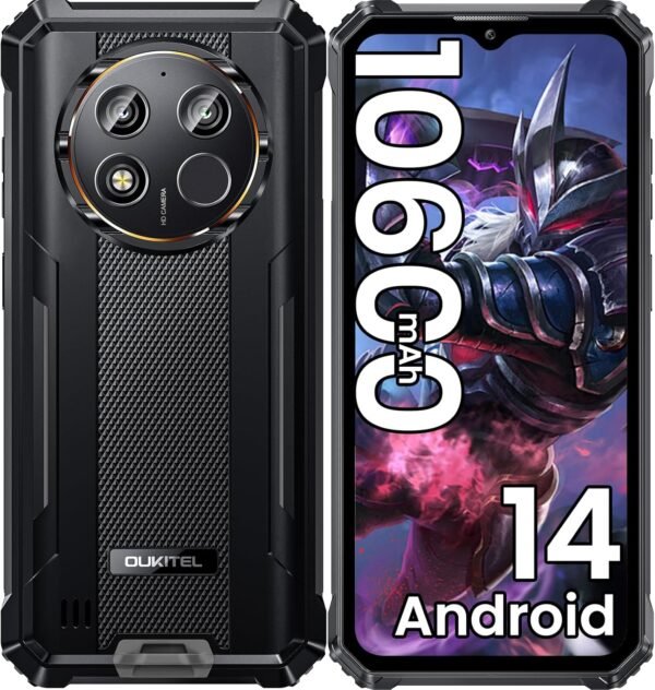 OUKITEL WP28E Téléphone Portable Incassable 2025 Android 14, 10600mAh/18W, 16Go RAM +64Go ROM/1To, Smartphone Incassable 6.52" Écran, Caméra 13MP, Telephone de Chantier Dual SIM/GPS/NFC/OTG - Noir