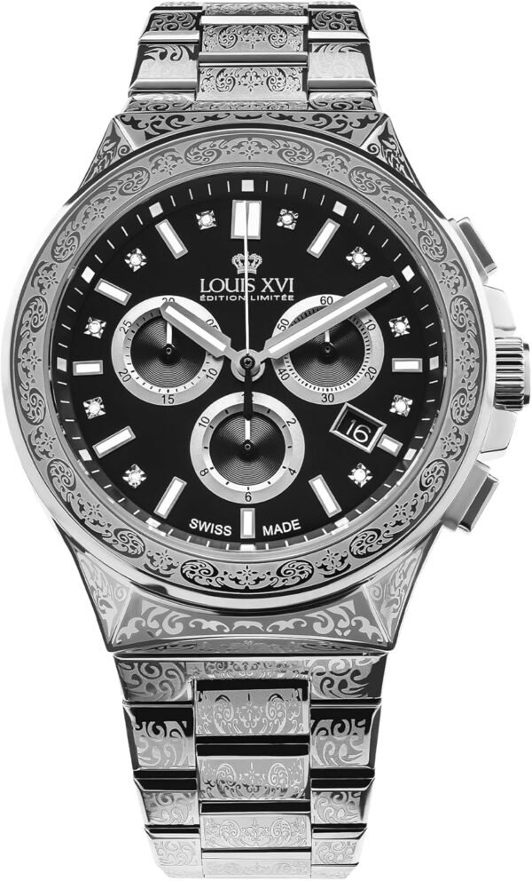 LOUIS XVI Le Monarque Royale Montre chronographe pour homme 42 mm Mouvement à quartz suisse Bracelet en acier inoxydable Argenté/doré Cadran noir Diamants CZ