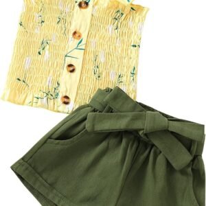 Xiaojiu Pyjama Ensemble Short Fille Enfant En Bas Âge Enfants Filles Vêtements Été Sans Manches Floral À Volants Sangle T-Shirt Hauts Nœud Shorts Décontracté 2 Pièces Tenues Ensemble Ensemble Sous