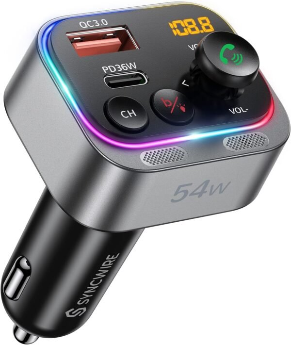 Syncwire Transmetteurs FM Bluetooth 5.4-54W PD&QC3.0 Chargeur de Voiture USB C [Micros Doubles & Son Graves HiFi] [Charge Rapide] [Interrupteur Lumineux] Récepteur Radio Appel en Mains-Libres