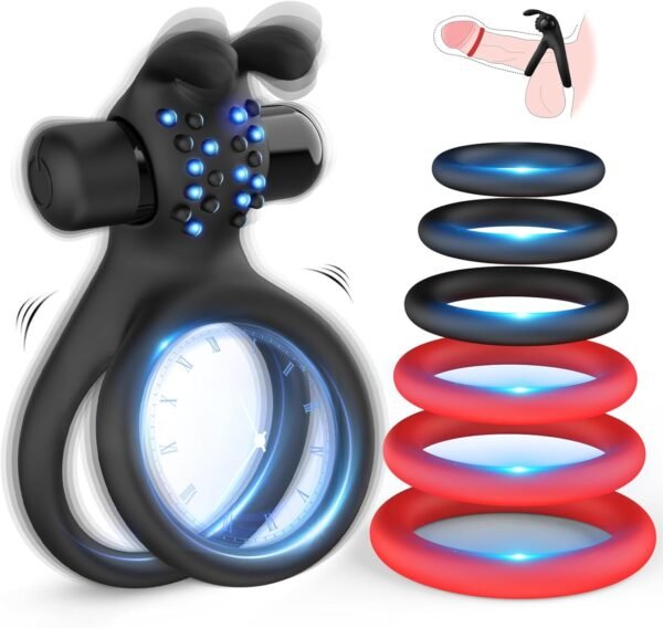 Anneau Penien - Anneau Homme Sex Toýs Homme Couple, Double Anneaux de Pénis avec Vibromasseur, 7 en 1 Anneau Penis Silicone Sex Toys Cockring Sextoys