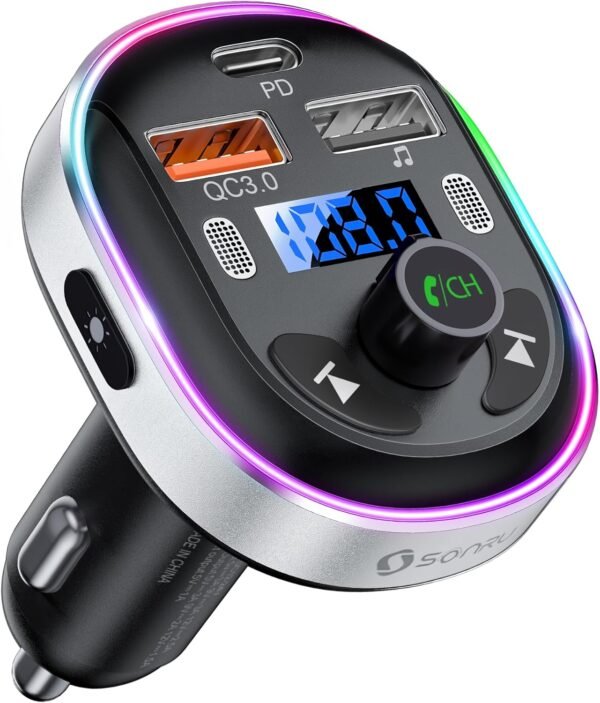 SONRU Transmetteur FM Bluetooth 5.3, Adaptateur Bluetooth Voiture pour Voiture 30W PD&QC 3.0 Prend en Charge Les Appels Mains Libres, Support Siri Google Assistant/7 lumières de Couleur