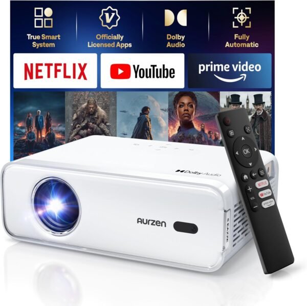 AURZEN Eazze D1 Videoprojecteur 4K Supportée Officielle-NetfIix, DoIby, Auto Focus/Keystone, HDR10, Mini Vidéoprojecteur WiFi Bluetooth Portable, Full HD 1080P Vidéo Projecteur, Blanc
